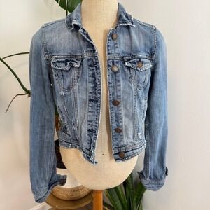 American Eagle Outfitters Denim Jacket Light Wash Distressed Cropped Women's S P